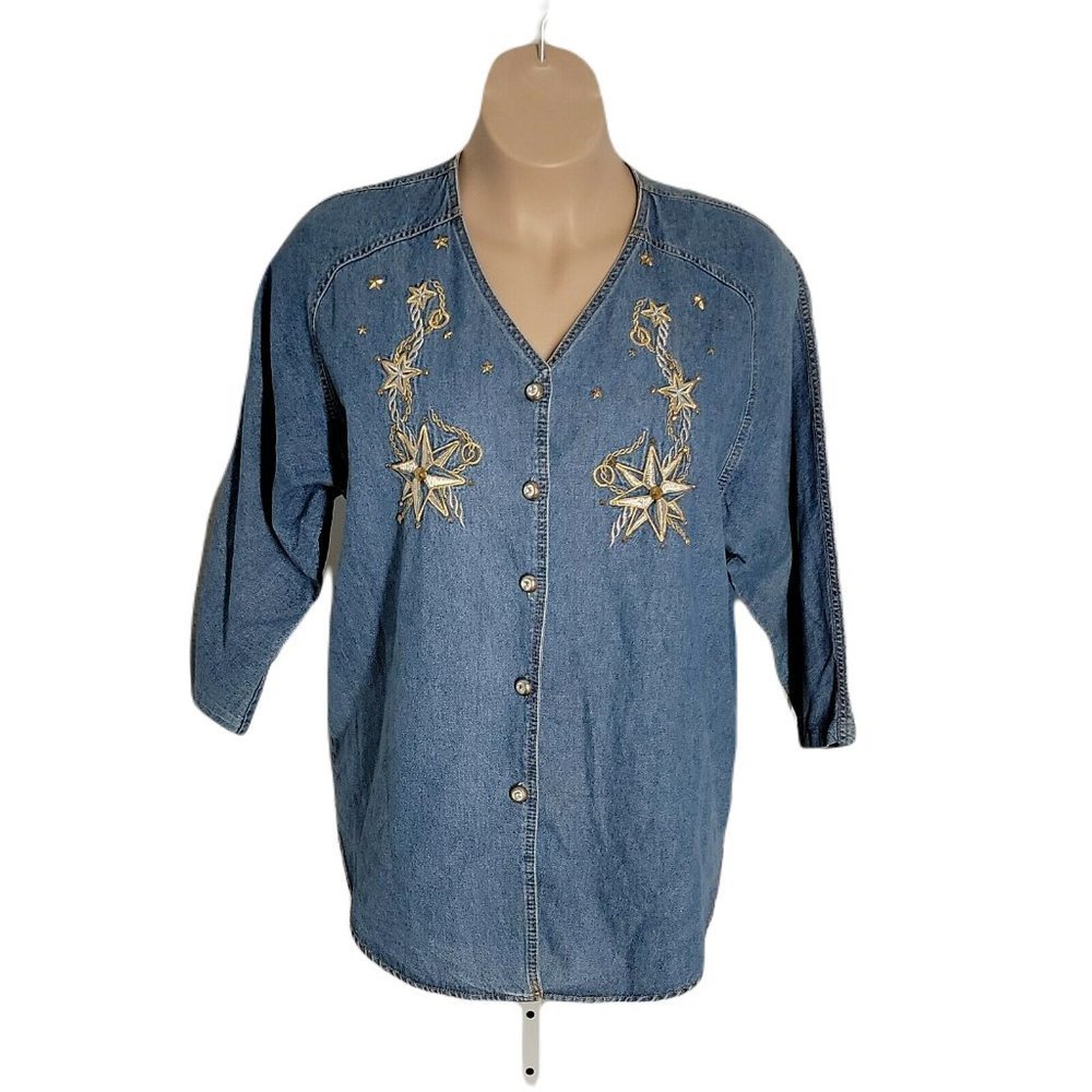 Monique Fashion Vintage Denim Jean Button Up Top ~ Sz 1XP ~ Blue ~ 3/4 Sleeve